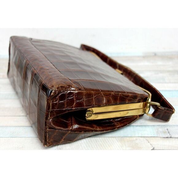 VINTAGE DEITSCH GENUINE CROCODILE BROWN LEATHER FRAME HANDBAG POCKETBOOK - Picture 7 of 12